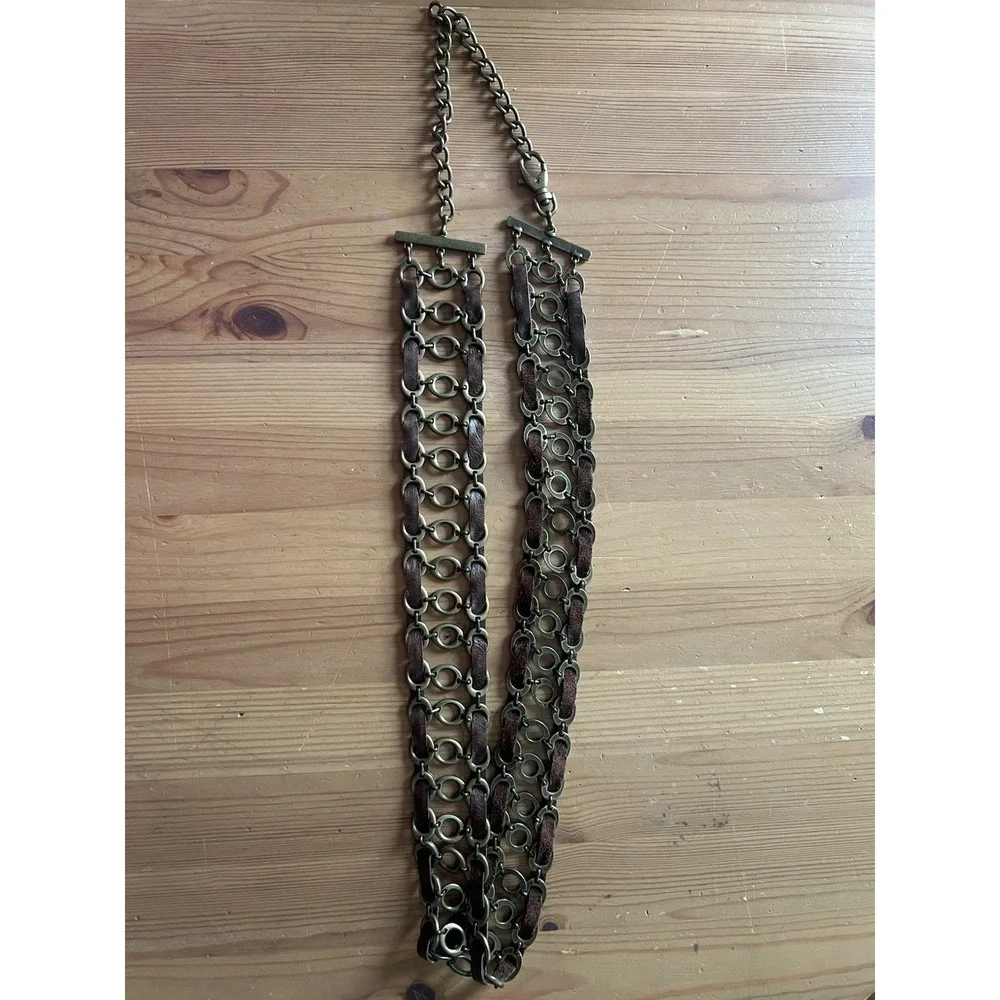 Vintage Brass & Brown Leather Chain Belt Adjustable Boho Hippie Festival 38
